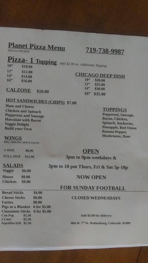 Planet Pizza Menu